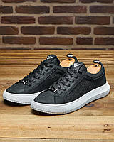 Кожаные мужские летние кеды перфорация черного цвета Ма-152