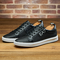 Кожаные мужские летние кеды перфорация черного цвета