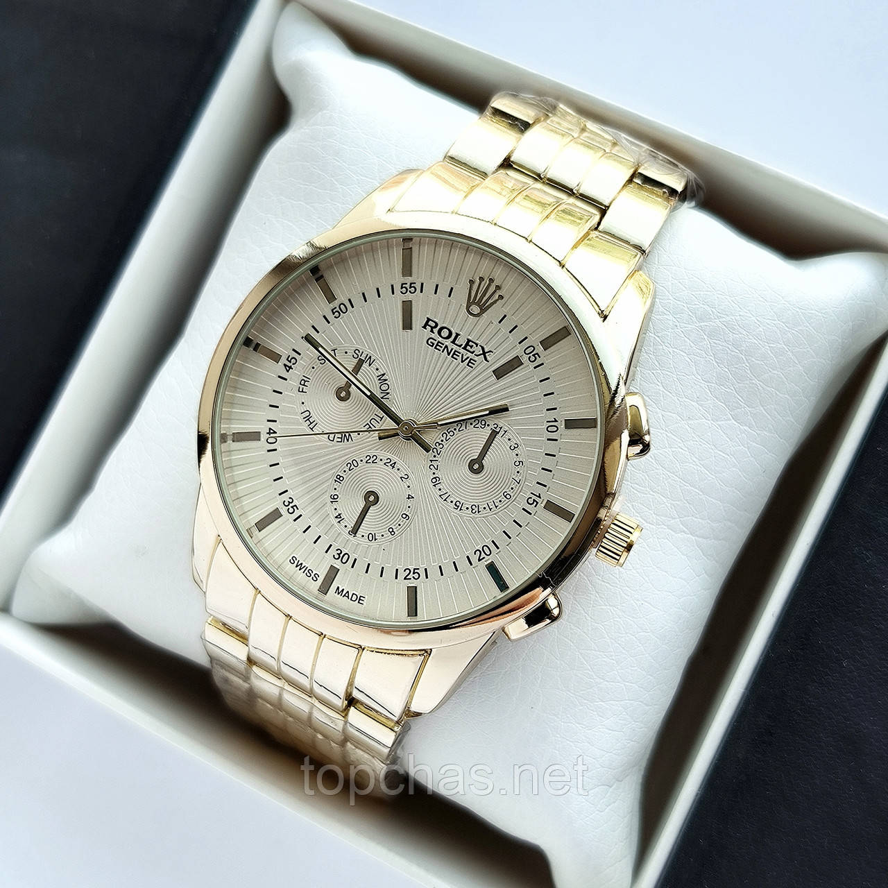 Золотистий чоловічий наручний годинник Rolex (ролекс) з світлим циферблатом, антивідблискове скло - код 2210t