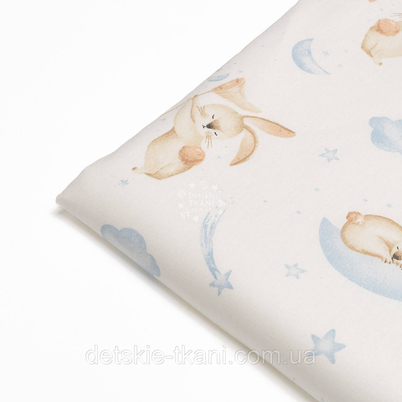 Клапоть ранфорсу "Зайчик із сачком на блакитному місяці", №4757, розмір 27*240 см, фото 1