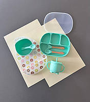 Набор детской силиконовой посуды Бирюзовый для первого прикорма на присосках Мята