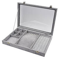 Ювелірний планшет кейс під склом сірий велюр із гачками під браслети, ланцюжки, сережки 35х24х5 см Premium