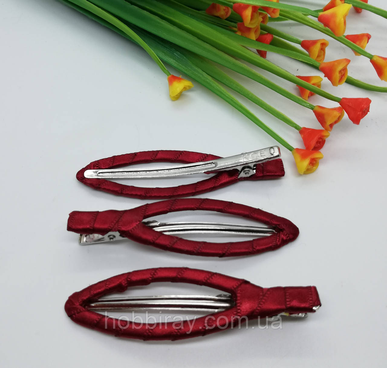 Заколка в атласній стрічці. 7,5 см. 1 шт. Колір бордо., фото 1