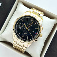 Золотистий чоловічий наручний годинник Tommy Hilfiger, з чорним циферблатом, блакитне скло - код 2220t