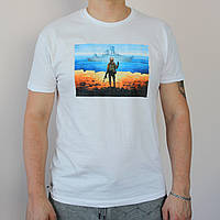 Молодёжная футболка марка "Русcкий военный корабль, иди..", белая хлопковая футболка на лето (L) мужская