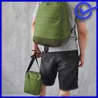 Набор из рюкзак влагостойкий с кожаным дном хаки и сумка барсетка для документов тканевая Nike зеленая