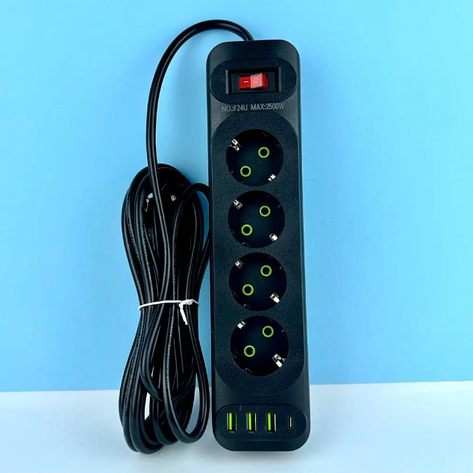 Мережевий фільтр живлення Donglixia F24U 4 розетки 3 USB +1Type-C подовжувач 2 метра, фото 1