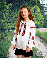 Белая вышиванка из хлопка для девочки с красно-черным узором, детская вышитая сорочка белого цвета Размер 134