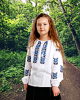 Белая вышиванка из хлопка для девочки с голубым узором, детская вышитая сорочка белого цвета Размер 116