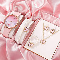 Женские часы Fanteeda с розовым ремешком из экокожи + набор бижутерии