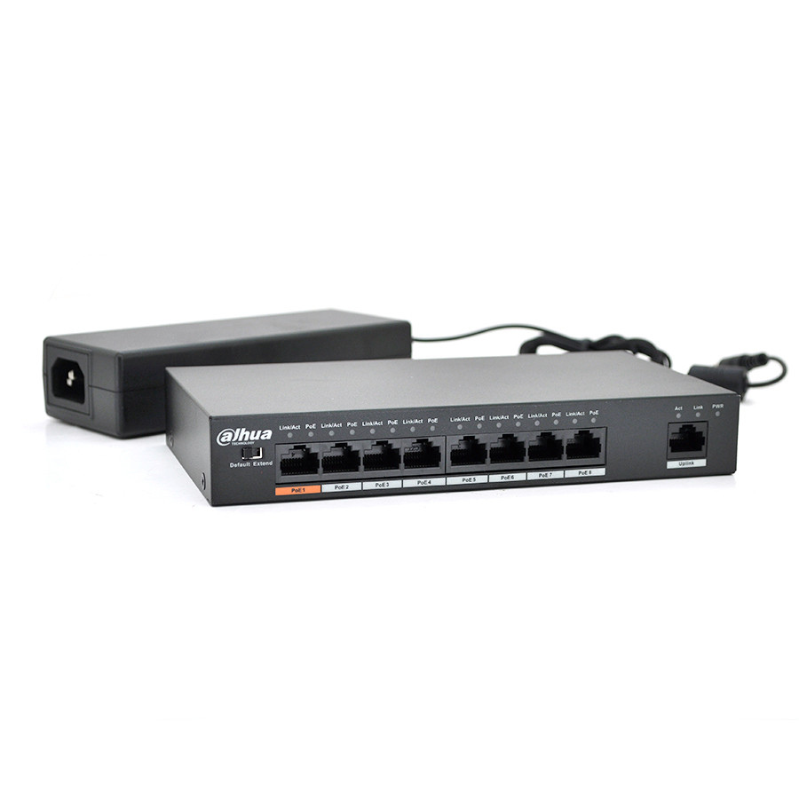 Комутатор POE Dahua DH-PFS3009-8ET-96 48 V з 8 портами POE 100 Мбіт + 1 порт Ethernet (UP-Link) 100 Мбіт, корпус