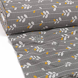 Тканина жатка (гофре) шириною 240 см "Помаранчеві та білі листочки на сірому тлі", №4772