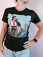 Женская футболка "Красавіца" терпіти не буде! черная, футболка с изображением мурала (ХL)