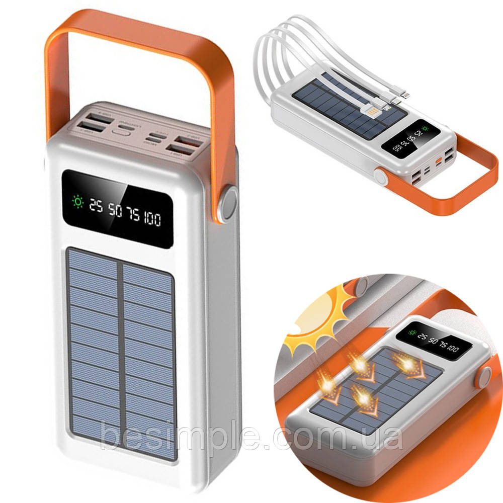 Power Bank на сонячній батареї 60000 mAh, з USB, microUSB, lightning, Білий/LED портативний зарядний для