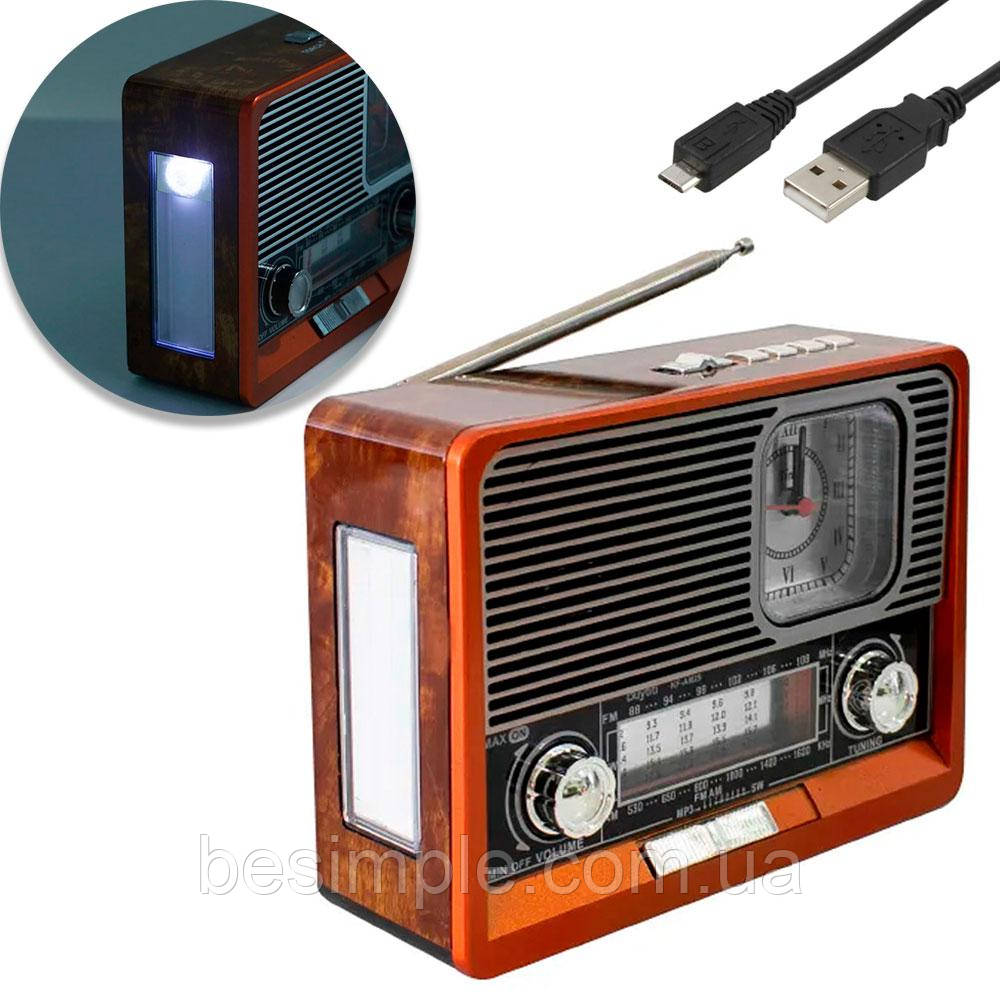 Акумуляторний FM радіоприймач з ліхтариком, годинником, AUX, USB, SD Everton RT-330 / Портативне радіо