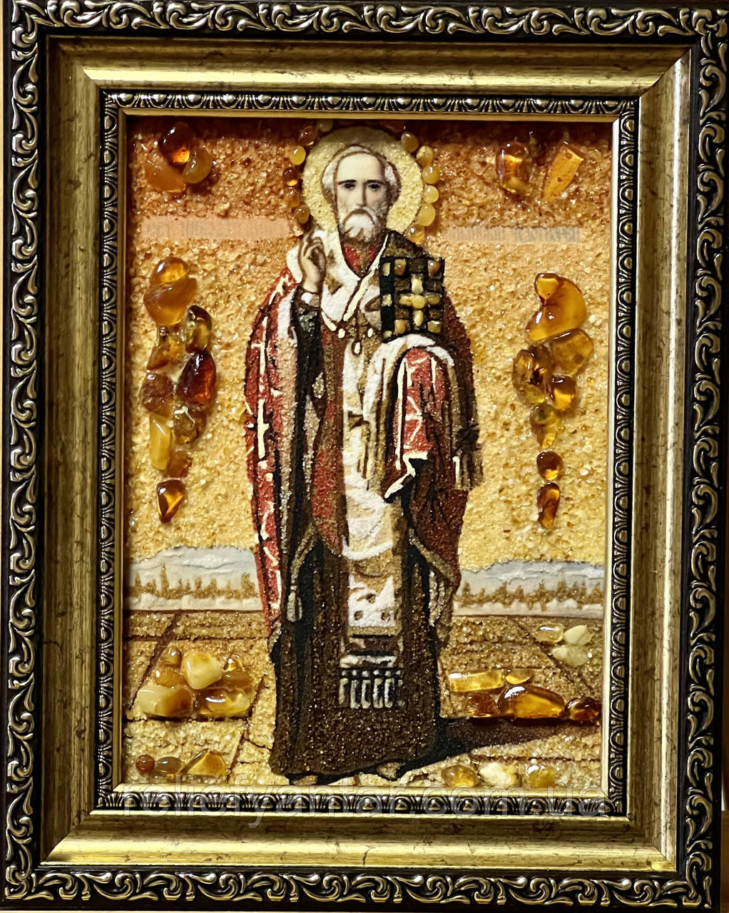 Ікона з бурштина "Св. Микола Чудотворець " 15*20 см, святий Микола