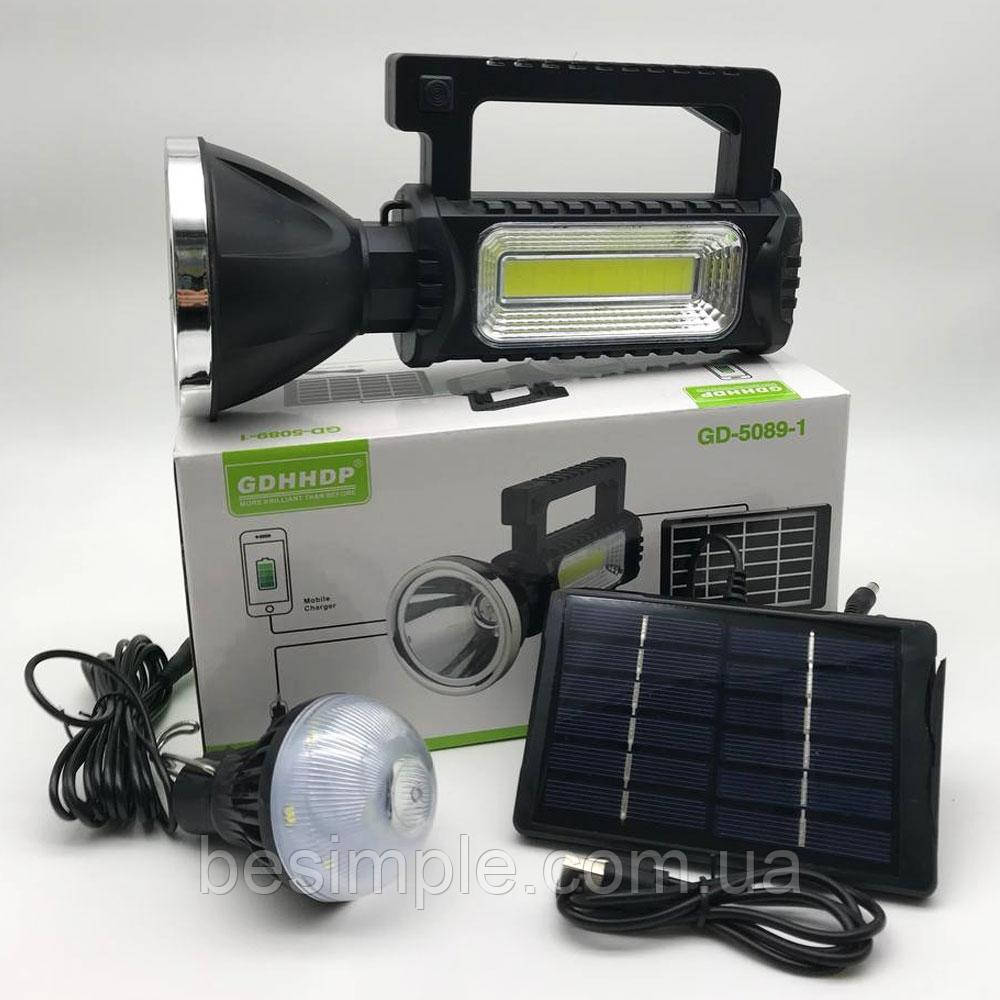 Сонячна зарядна станція 3в1 GD-5089-1 / Ліхтар-прожектор з PowerBank + Сонячна панель + LED лампа, фото 1