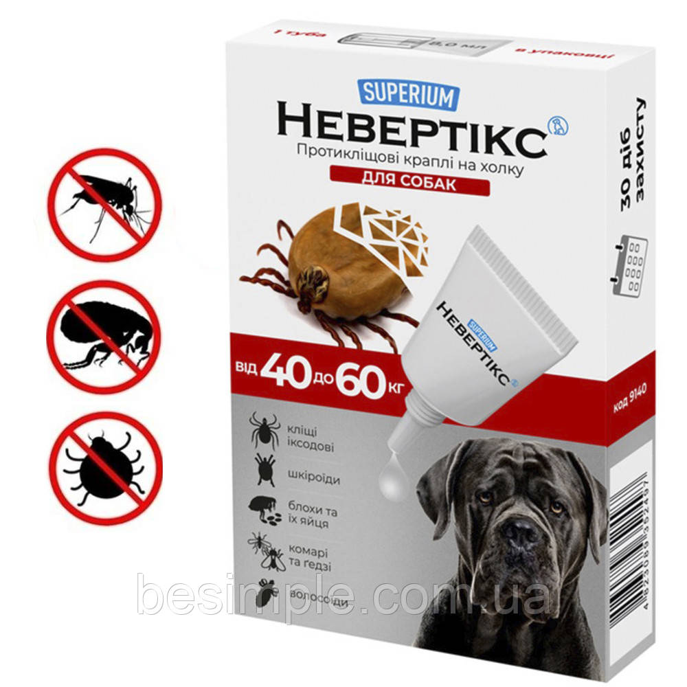 Краплі протиоклещеві на холку для собак, Суперіум Невертикс, >40 кг/Сережність від ектопаразитів собак