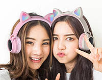Рожеві навушники з вушками для дітей фіолетові led підсвічуванням накладні новий блютус м'які 28 вушка кішки