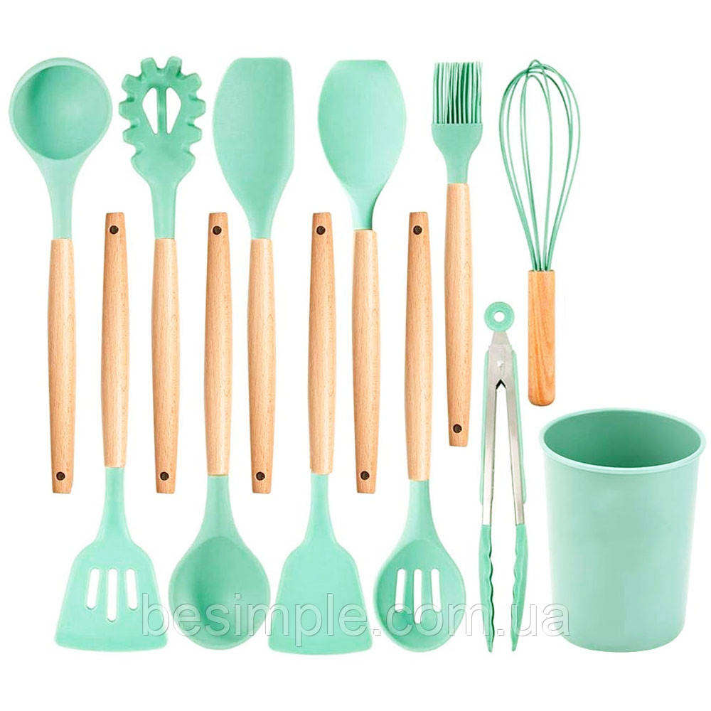 Набір кухонного приладдя 12 шт. Kitchen Set, Зелений/ Кухонний набір силіконовий із підставкою