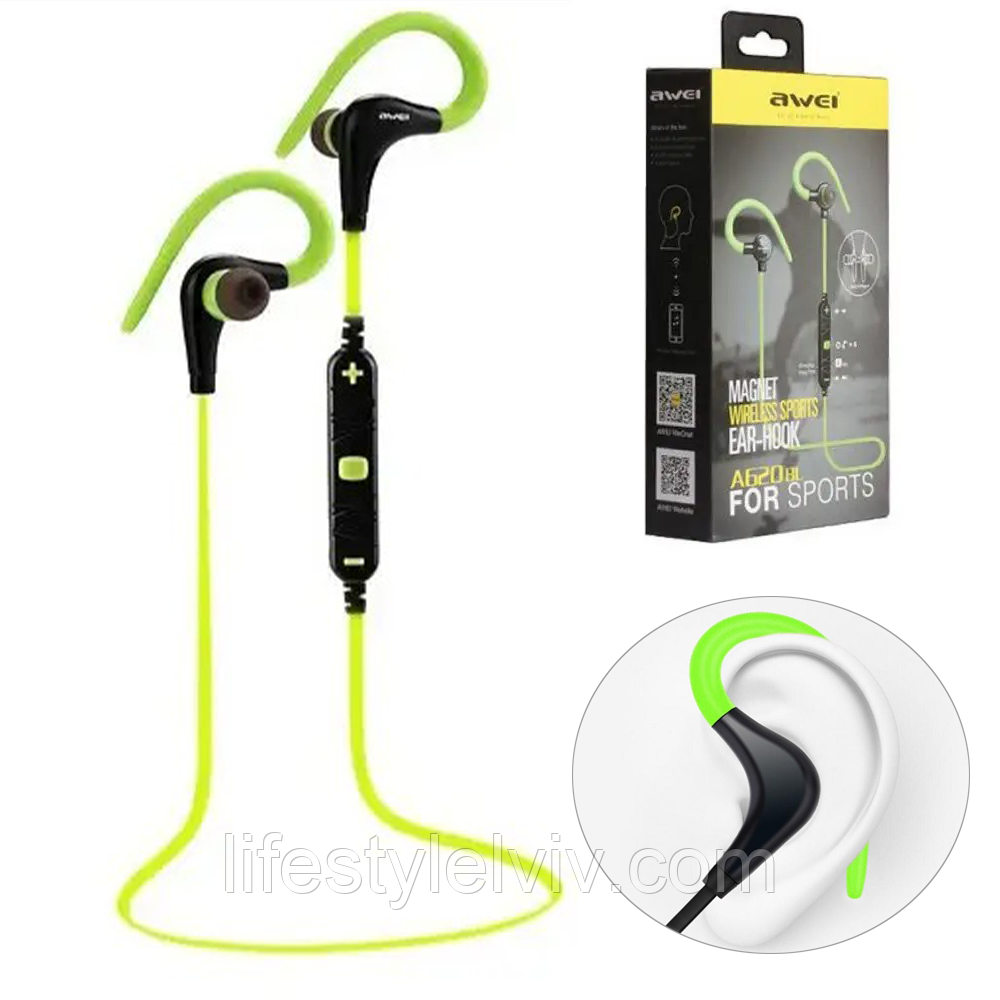 Бездротові навушники MDR A620BL+BT AWEI, Зелені / Вакуумні Bluetooth навушники для бігу з мікрофоном