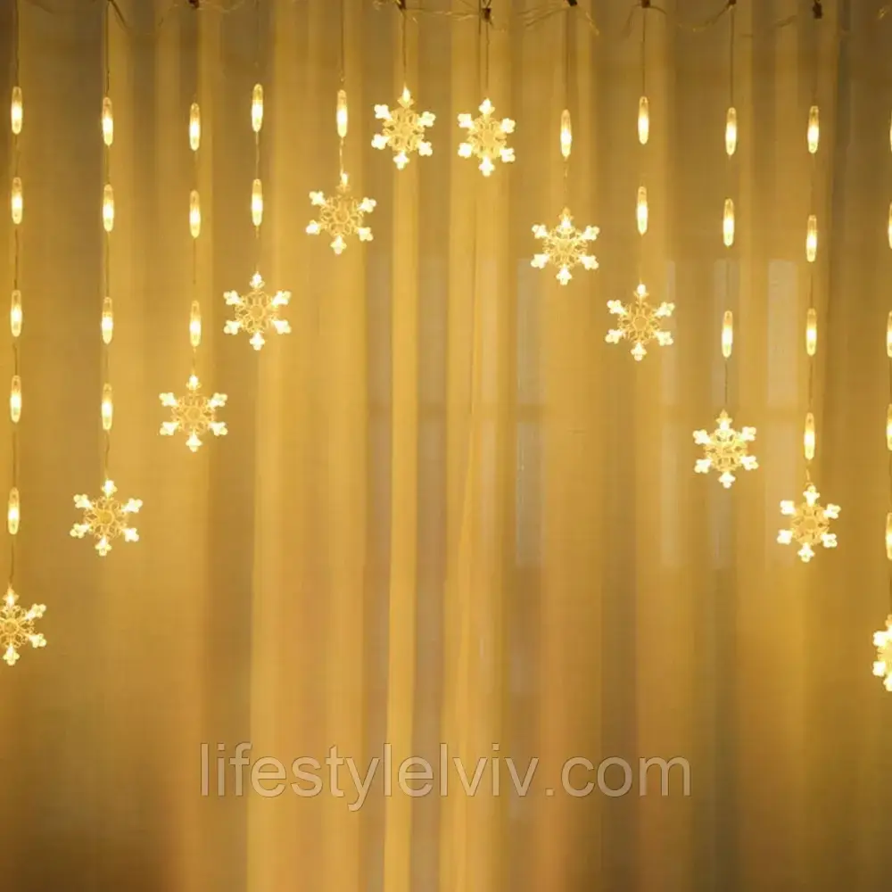Гірлянда Штора Арка, Сніжинки 3 м, 220V, Тепла біла / Світлодіодна LED гірлянда / Електрична гірлянда, фото 1