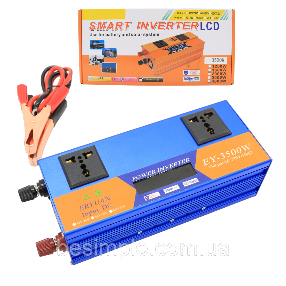 Перетворювач напруги з 12-24V на 220V, 3500W Smart, з USB / Інвертор із захистом від перевантажень