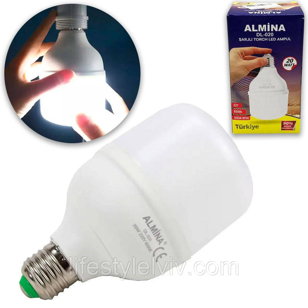 Аварійна акумуляторна лампочка 20 Вт із цоколем Almina DL-020 E27/Світолодна лампа з акумулятором, фото 1