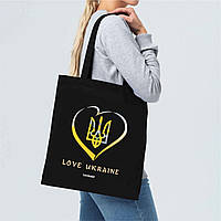 Экошопер стильный тканевая сумка с длинными ручками Bookopt черный Love Ukraine DM-11