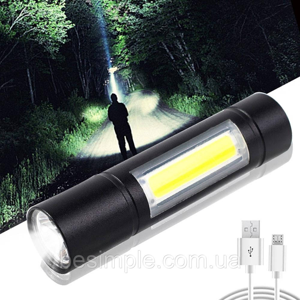 Ручний ліхтарик USB 2в1, ВL-519 XPE+COB / Тактичний міні ліхтар з боковою лампою / Ліхтарик акумуляторний