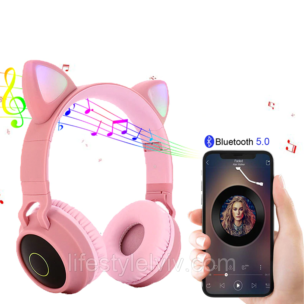 Бездротові Bluetooth навушники вушка Cat Ear VZV 850M з LED підсвіткою Рожевий