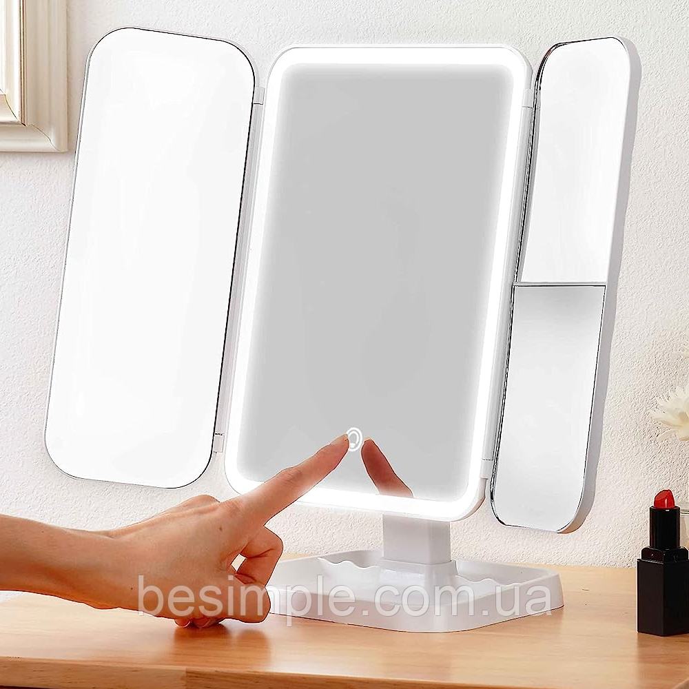 Косметичне дзеркало з LED підсвічуванням XW 810, з USB / Потрійне сенсорне дзеркало для макіяжу, фото 1