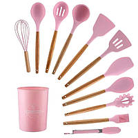 Набор кухонных принадлежностей 12шт Kitchen Set, Розовый / Силиконовый кухонный набор с подставкой