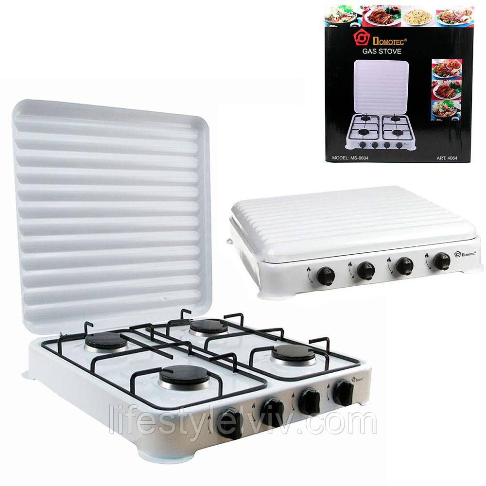 Плита Газовая Настольная на 4 Конфорки с Крышкой Domotec MS 6604, Белая ...