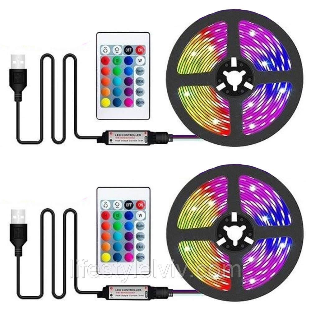 Комплект 2 шт Світлодіодна стрічка з пультом 2 м RGB 5050 для фонового підсвічування телевізора / Неонове підсвічування