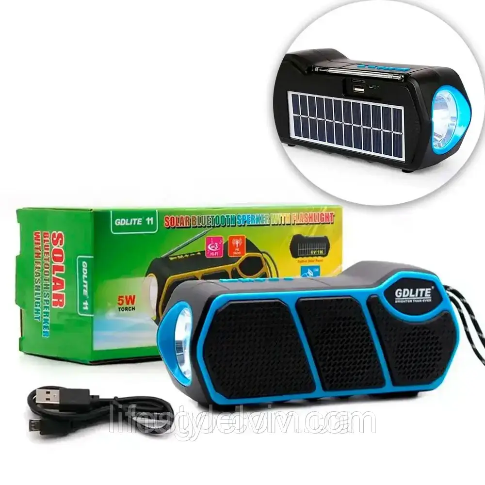 Портативна сонячна система з повербанком 7 Вт, 1500 mAh, GD-LITE-11, Синій / Радіоприймач з ліхтариком