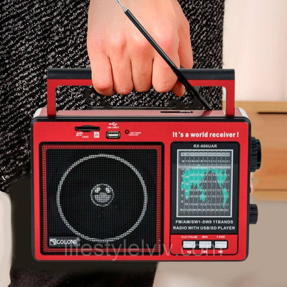 Радіоприймач з ліхтарем та USB, GOLON RX-006, Червоний / Портативне акумуляторне FM радіо