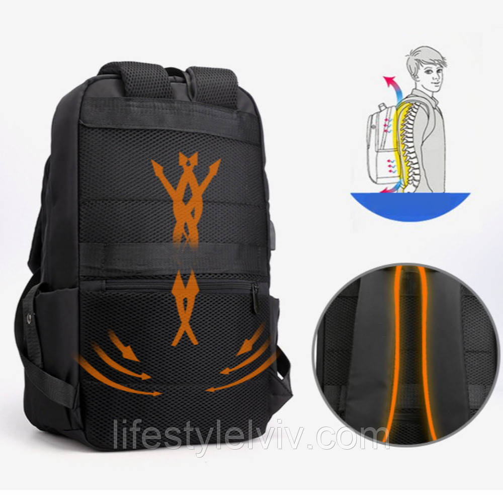 Рюкзак міський на 20л (45х30х14см) 929, з USB портом, Чорний / Повсякденний рюкзак для ноутбука
