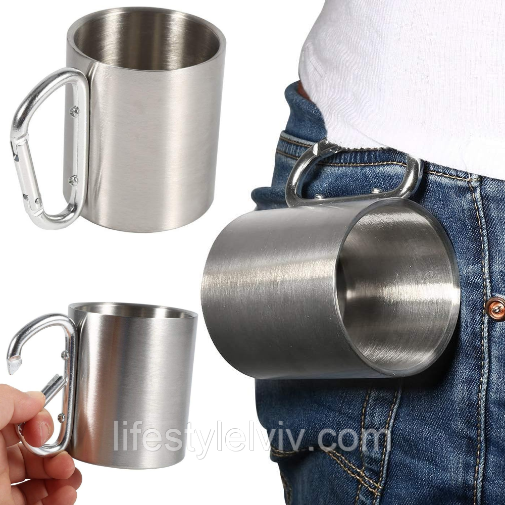 Кухоль з карабіном з нержавіючої сталі 150 мл / Кухоль для сублімації / Похідна чашка, фото 1