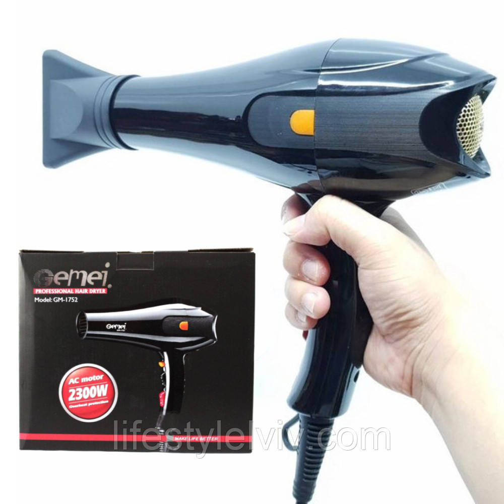 Фен для волосся 2300Вт, Gemei GM1752, 2 насадки / Професійний фен для укладання волосся з іонізацією, фото 1