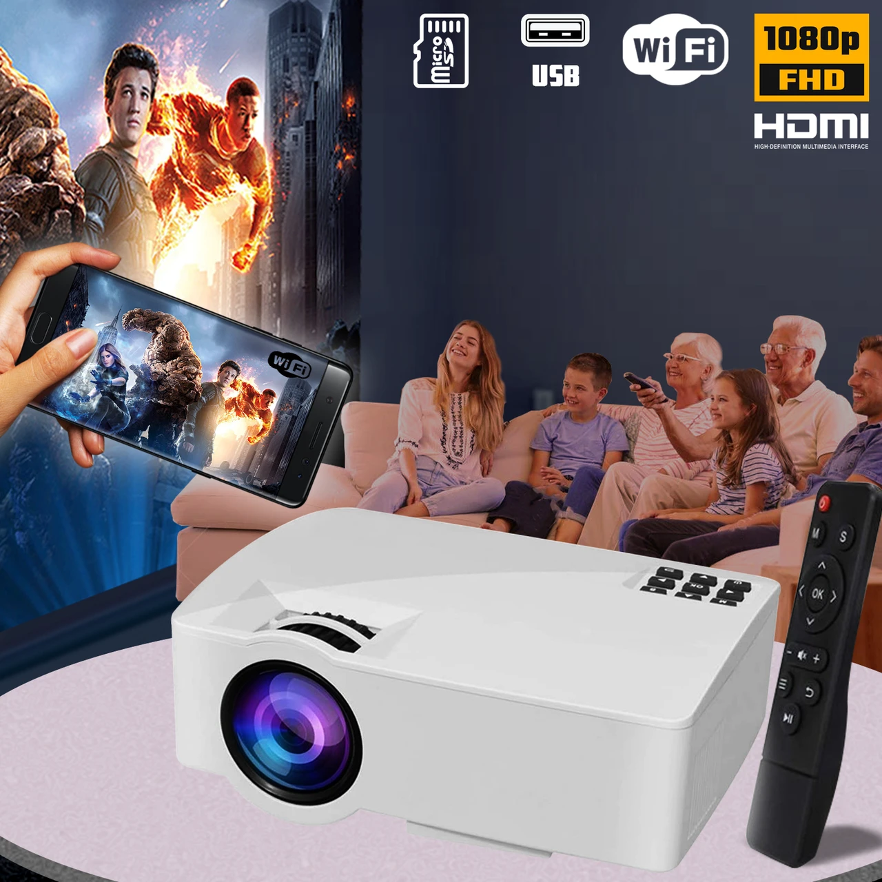 Мультимедійний світлодіодний проєктор Wi-Fi XPA8 HD, 1800 Лм, з динаміком, портативний домашній кінотеатр