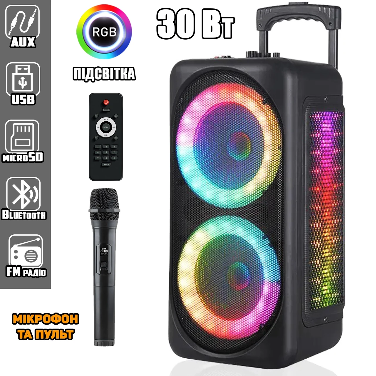 Портативна акустична система з караоке мікрофоном Winso GZ-X828-8"x2 Bluetooth колонка 30 W + Пульт