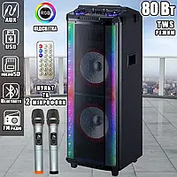 Потужна портативна акустична система +бездротовий караоке мікрофон HANSUO 1070-12"х2 80 Вт + Пульт