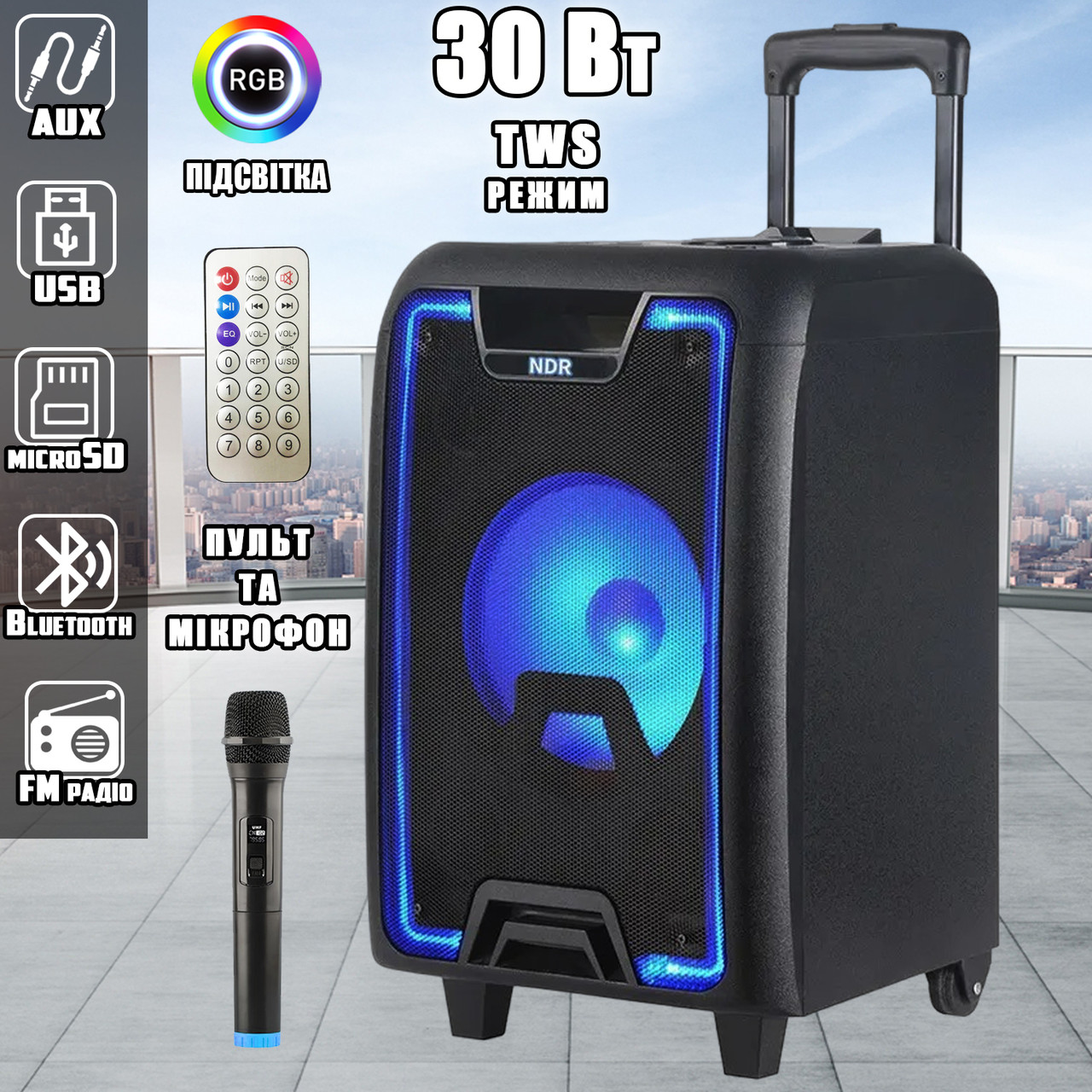 Професійна акустична система з караоке мікрофоном Winso NDR-2010 -10"x1 RGB + Пульт