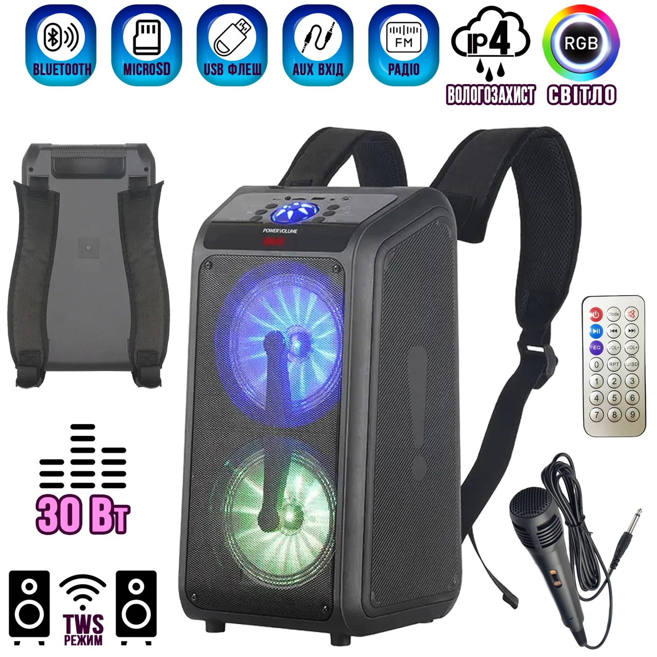 Портативна акустична система з мікрофоном NDR-Q69А-6,5"x2 Bluetooth колонка з RGB 30W+Пульт