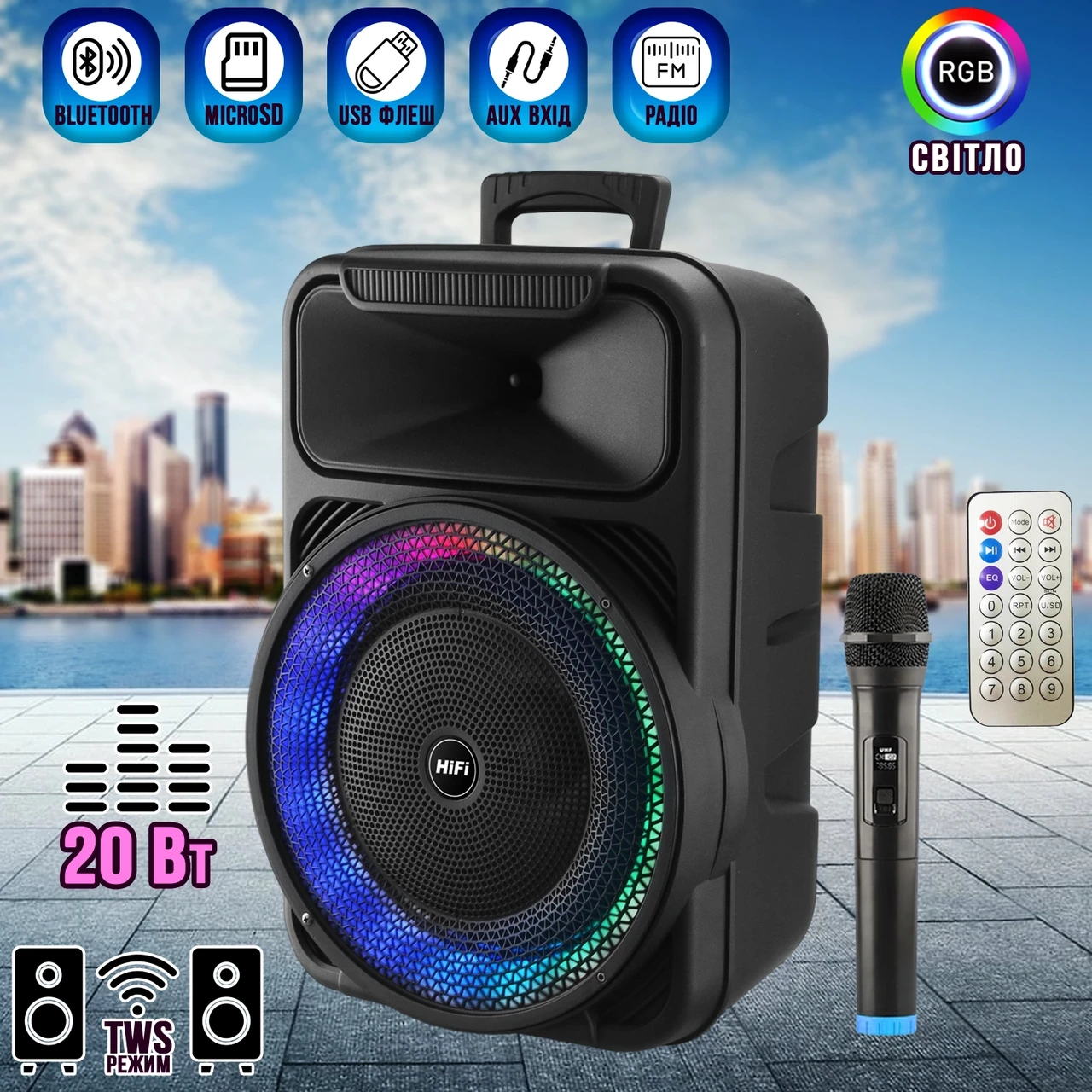 Портативна акустична система з караоке мікрофоном Winso RX-1228W-12"x1 потужна 20W, 2400mAh