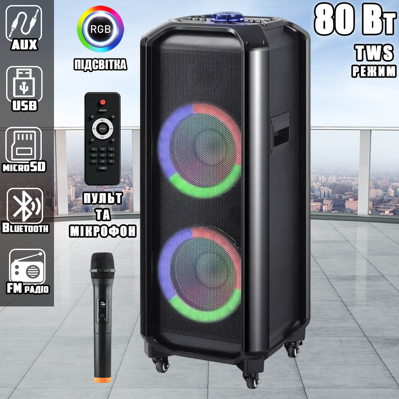 Професійна акустична система з караоке мікрофоном 2 шт HANSUO TD1010-10"х2 80 W + Пульт