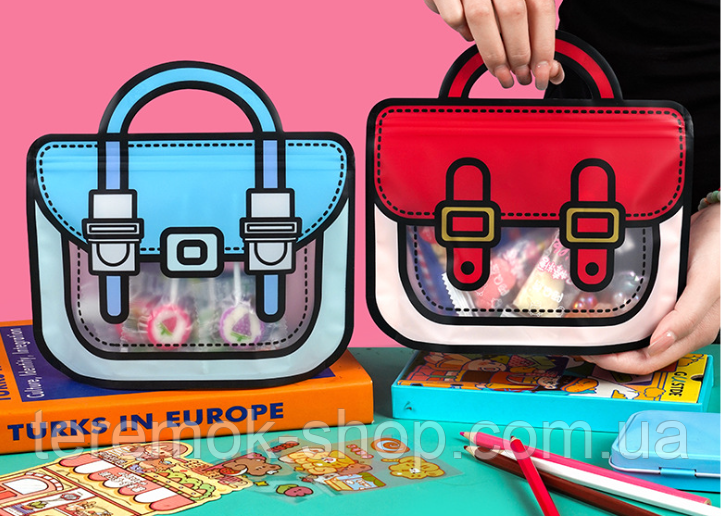 Пакет zip прозорий харчовий Портфель синій з ручкою, дитячий пакет