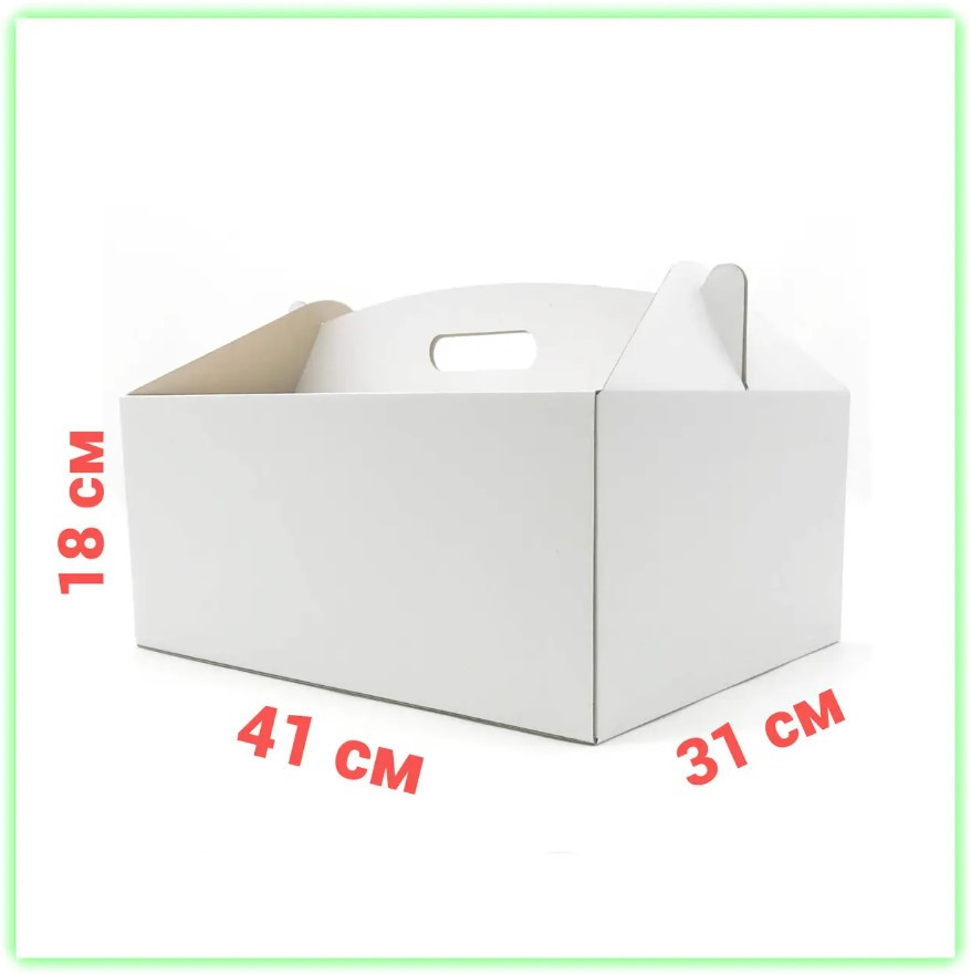 Біла картонна коробка для торта пряника 410*310*180 мм самозбірна з плоскою ручкою Korob (1)