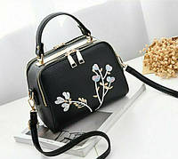 Женская мини сумочка клатч вышивка цветочки, маленькая сумка на плечо с цветами вышивкой черная